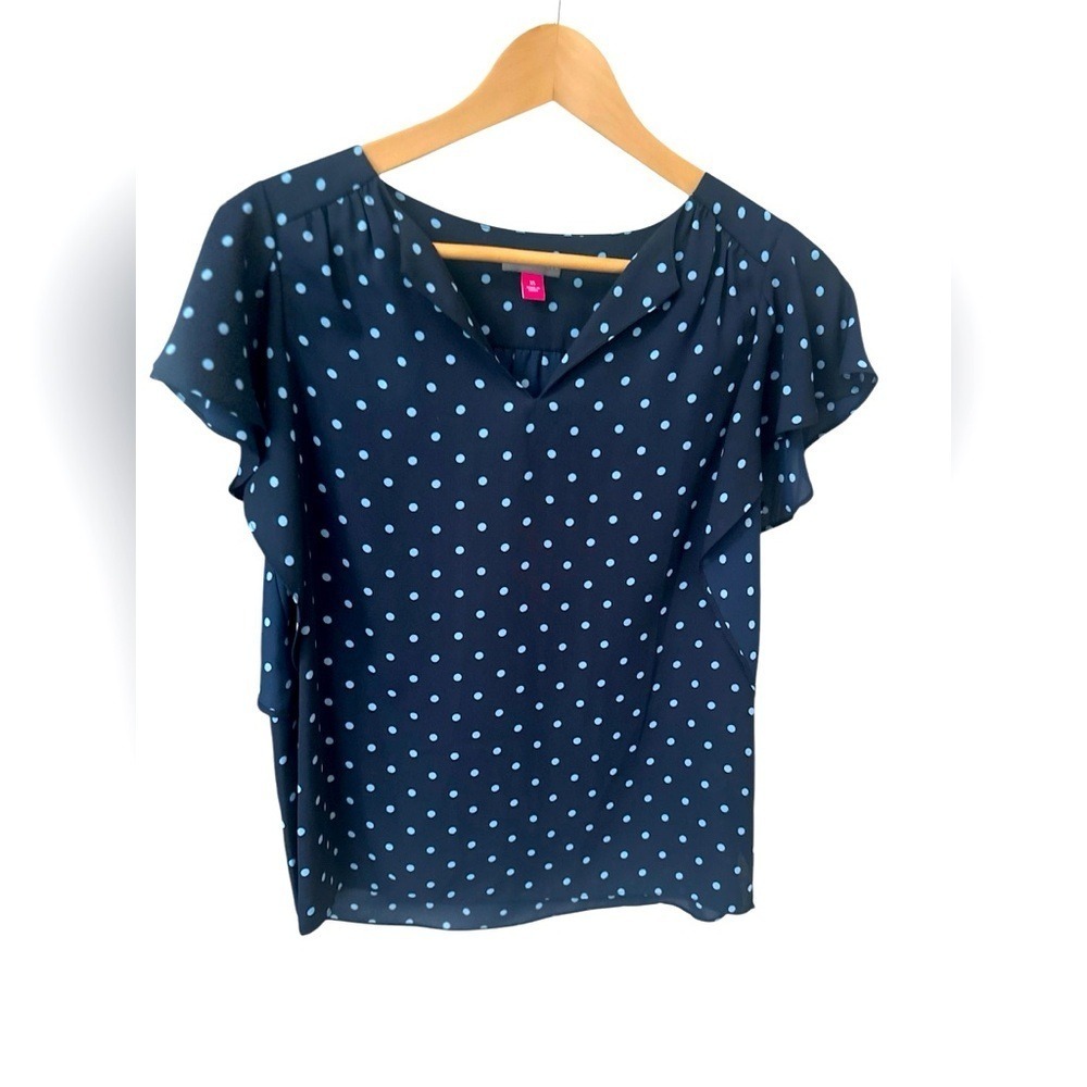 Vince Camuto‎ Navy Polkadot Ruffle Sleeve Blouse - XS